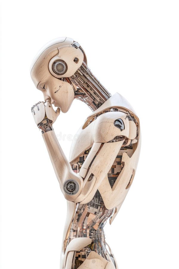 Innovative ai robot in deep thought, isolated on clean white background stock illustration