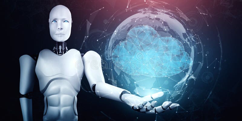 AI robot using cloud computing technology to store data on online server stock illustration