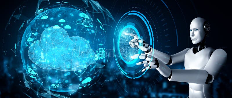 AI robot using cloud computing technology to store data on online server stock illustration