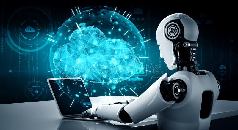 AI robot using cloud computing technology to store data on online server vector illustration