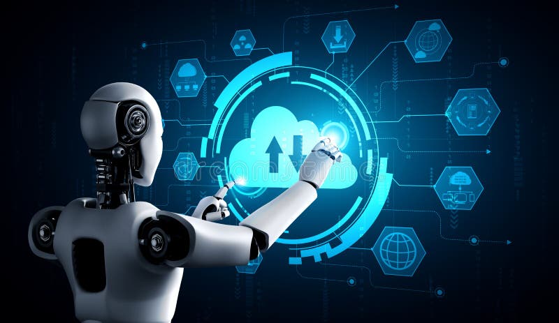 AI robot using cloud computing technology to store data on online server royalty free stock photography