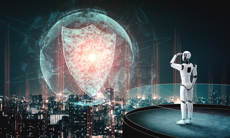 AI robot using cyber security to protect information privacy stock illustration