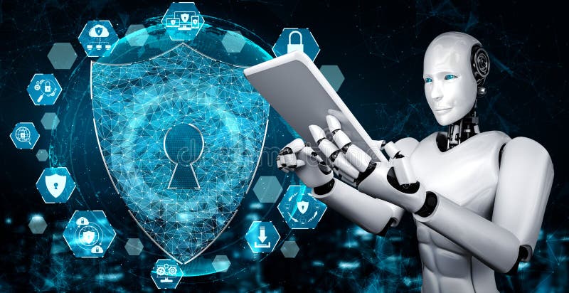 AI robot using cyber security to protect information privacy vector illustration