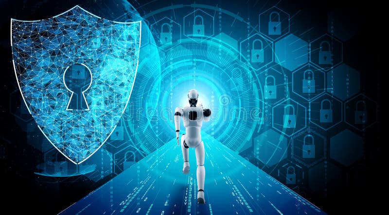 AI robot using cyber security to protect information privacy vector illustration