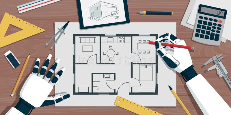 AI robot working on a house project stock illustration