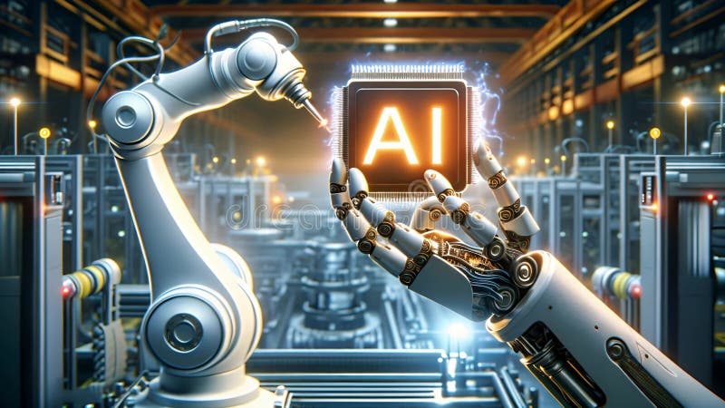 AI-robotarmen är utrustad med specialchips som används i tillverkningsanläggningar arkivbilder