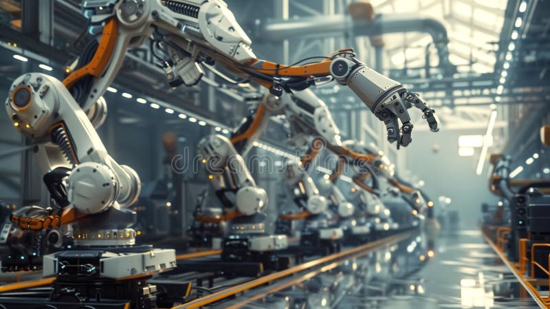 AI Robotic Humandroid Factory 3D Concept: Automated Robot Arm As stock illustration