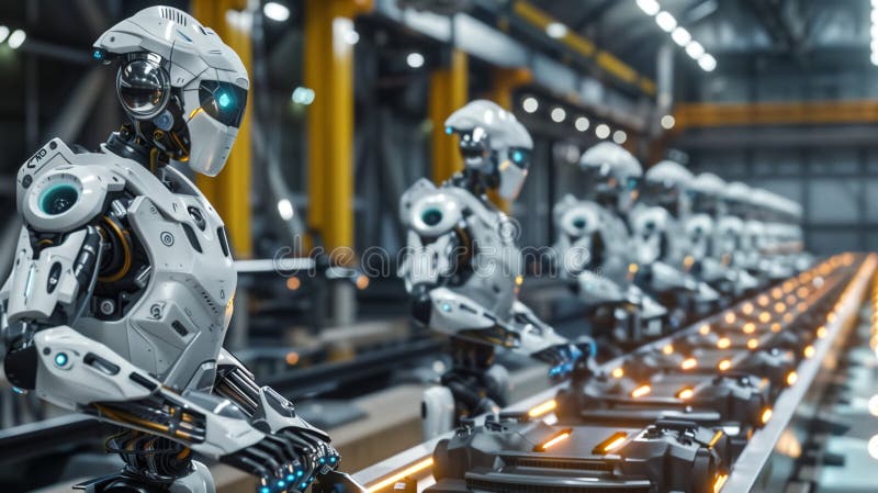 AI Robotic Humandroid Factory 3D Concept: Automated Robot Arm Assembly Line Manufacturing High-Tech Green Energy Electric. Construction, Building, Welding Industrial Production Conveyor. Elevated Wide Shot