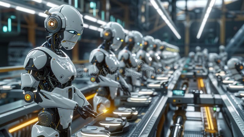 AI Robotic Humandroid Factory 3D Concept: Automated Robot Arm As royalty free illustration