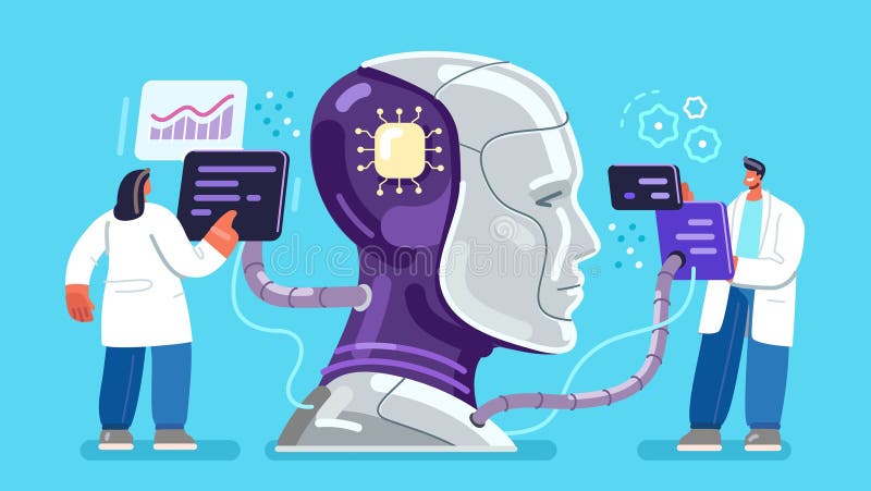 Ai robotica e ingegneria moderna. Intelligenza artificiale. Programmatori che realizzano soluzioni digitali illustrazione vettoriale