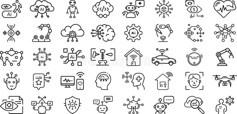 A sleek and modern black and white vector illustration set featuring AI and robotics icons, perfect for technology design projects. Includes symbols for machine learning, automation, artificial intelligence, neural networks, robotic arms, and futuristic innovation. Ideal for web design, app interfaces, infographics, and tech-related branding. Robotics icons illustrations
