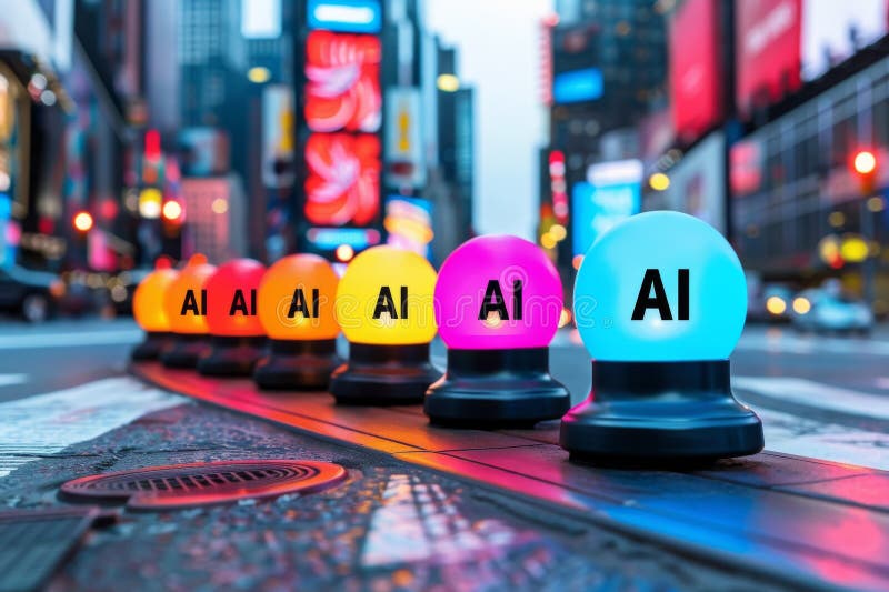 AI Robots with Colorful Hats on City Street, Urban Technology, Artificial Intelligence in Everyday Life, Bright Cityscape, Mode royalty free illustration
