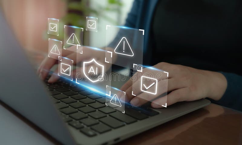 AI Safety and Ethics Concept. Typing on a laptop surrounded by digital icons AI shields, warning signs, and checkmarks. Ethical guidelines and safety protocols in artificial intelligence systems. Shield artificial intelligence stock images, royalty-free photos and pictures