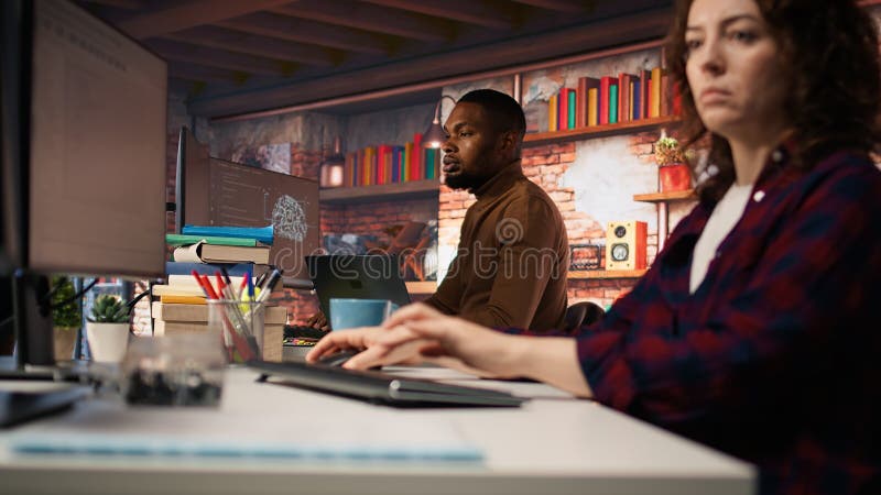 AI startup IT expert arriving in office with laptop stock images