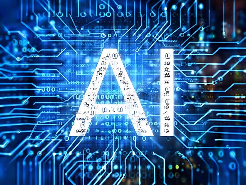 AI Symbol on a Blue Circuit Board. A digital rendering of a circuit board displays the letters AI in a futuristic, glowing white color