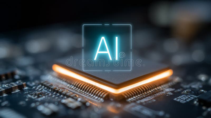 AI symbol hovering above microchip to represent machine learning computing power and advanced processors. royalty free illustration