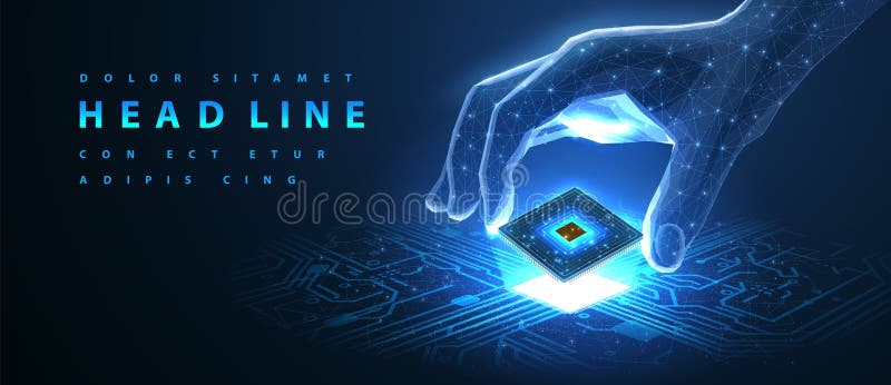 Ai tech. processore in digitale a mano su scheda di circuito. intelligenza artificiale royalty illustrazione gratis