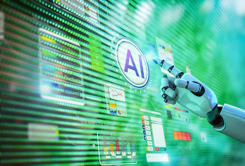 Ai-Technologie mit humanoidem Roboter mit hud-grafischer Schnittstelle stockbild