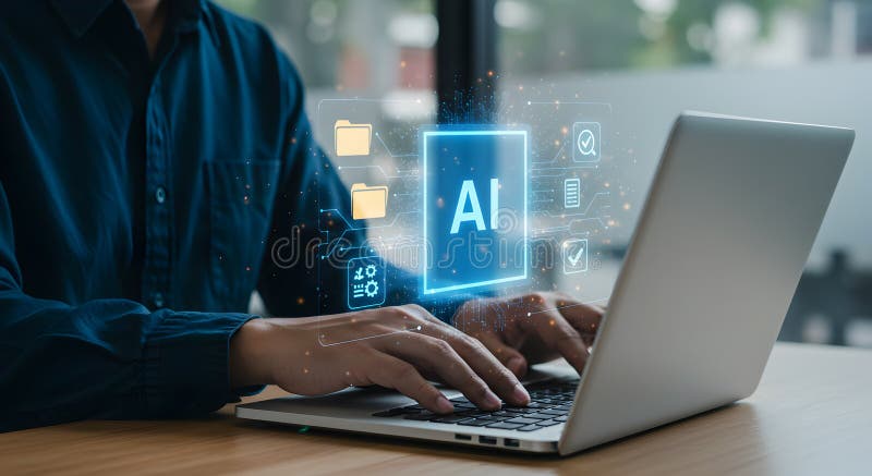 Ai technology concept person using laptop with artificial intelligence automation software 100 royalty free illustration