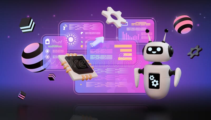 AI technology. 3D futuristic robot. Digital HUD data text or software bot. Tech programming. Computer microchip royalty free illustration