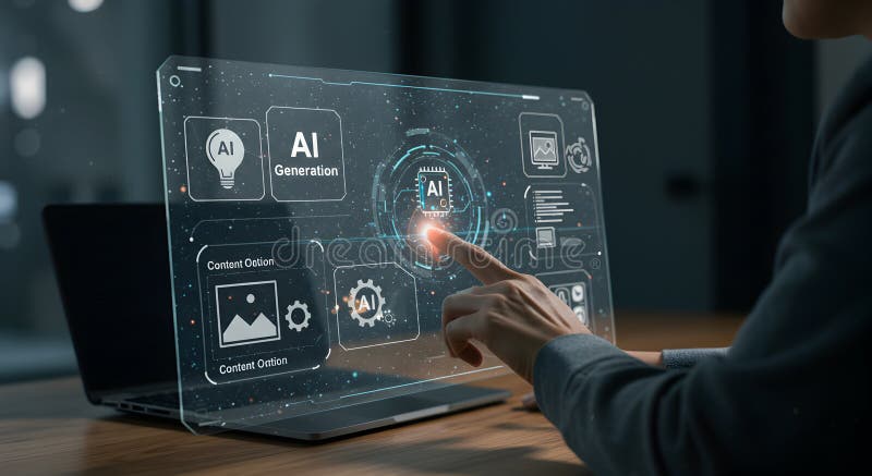 Ai technology interface concept with person touching screen for artificial intelligence generation stock illustration
