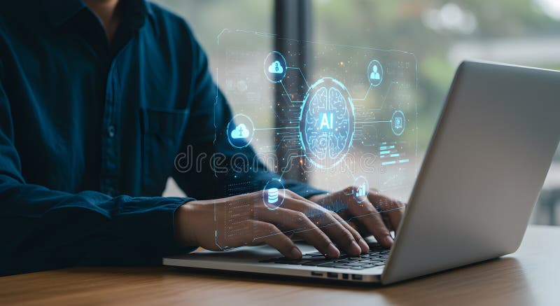 Ai technology and machine learning concept man using laptop with artificial intelligence brain icon royalty free illustration