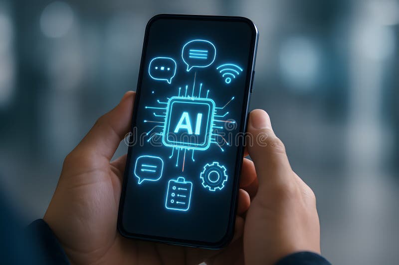 Ai technology on smartphone concept artificial intelligence mobile app development and integration stock illustration