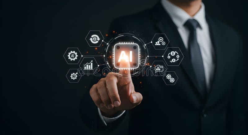 Ai technology solutions businessman touching artificial intelligence digital future tech royalty free illustration