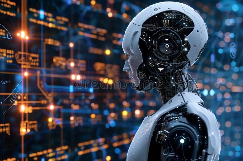 AI-teknik abstrakt bakgrund med humant robotvitt huvud arkivfoton