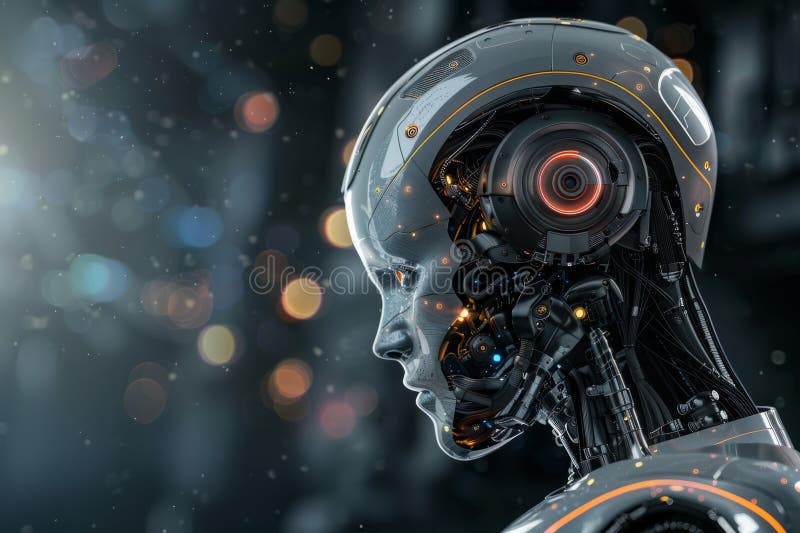 AI-teknik abstrakt bakgrund med humant robotvitt huvud royaltyfri fotografi