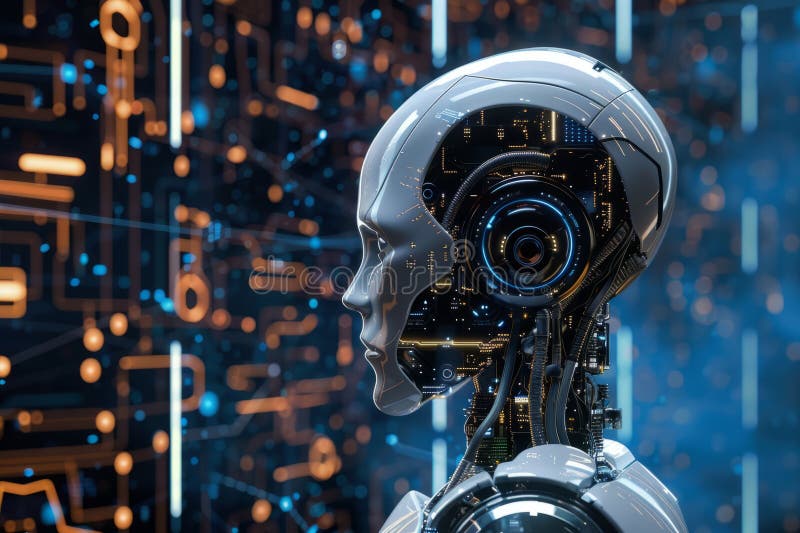 AI-teknik abstrakt bakgrund med humant robotvitt huvud royaltyfria bilder