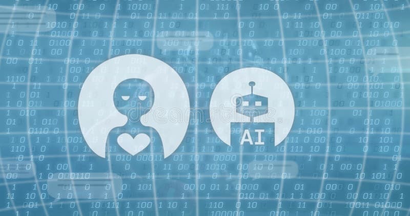 Ai Text im Roboterherz in außerirdischer Welt vor binären Codes auf abstraktem Hintergrund lizenzfreie abbildung