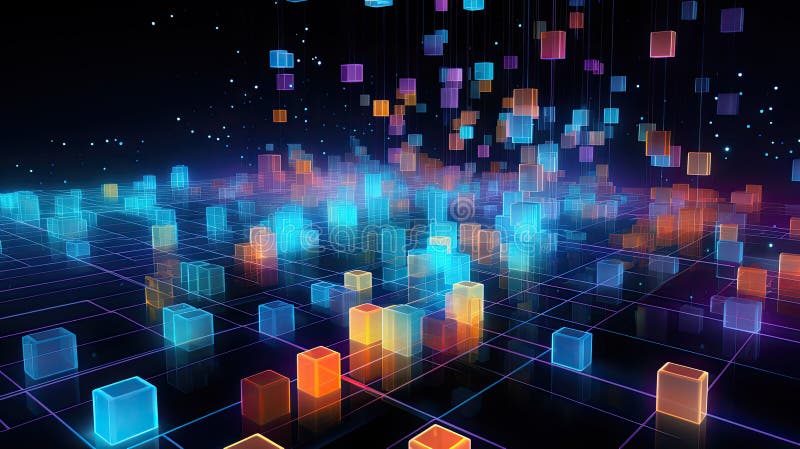 AI - Visualizing Big Data Generated by an Clustering Algorithm in a Glowing Cube Design. Clustering algorithm illustrations