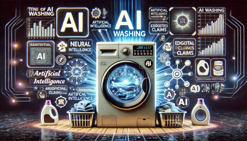 AI Washing: Futuristic Laundry Machine with Exaggerated AI Claims royalty free illustration