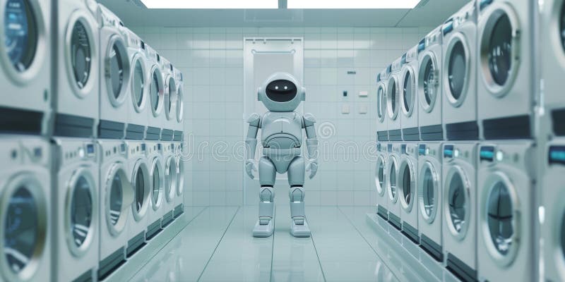 AI Washing: Robot in a Futuristic Laundry Room stock illustration