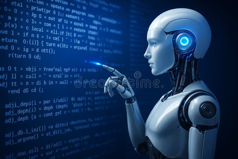 AI wygenerował futurystyczny robot analizujący cyfrowy interfejs kodowy z precyzją i inteligencją w środowisku high-tech scifi ilustracji