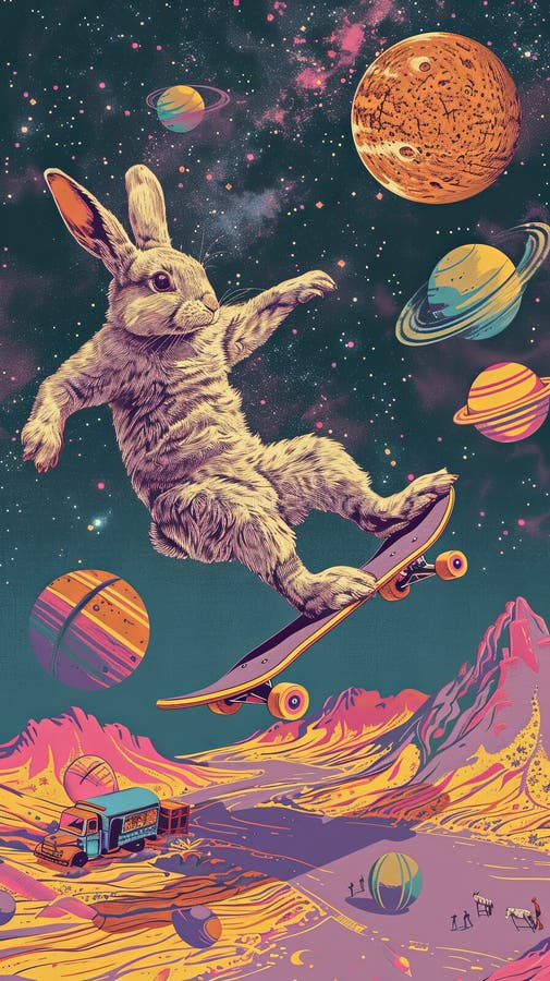 Ai wygenerował ilustrację królika skateboardera jadącego nad pomarańczowym wzgórzem na fioletowym niebie obrazy stock