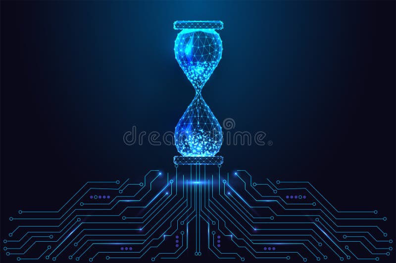 AI-Zeitoptimierung und digitales Transformationskonzept mit glühendem Stundenglas und Schaltbrett stock abbildung