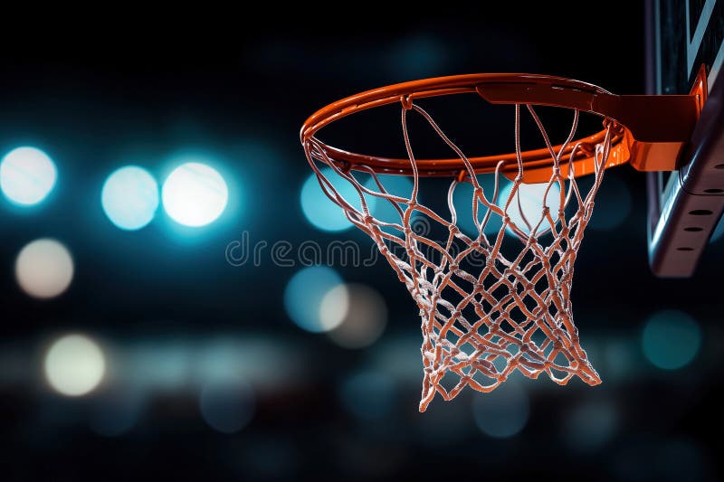 AI сгенерированы Оранжевый баскетбольный Hoop Net Закрыть Ночную Игру Яркие Огни Спорт Арена Фокус иллюстрация вектора