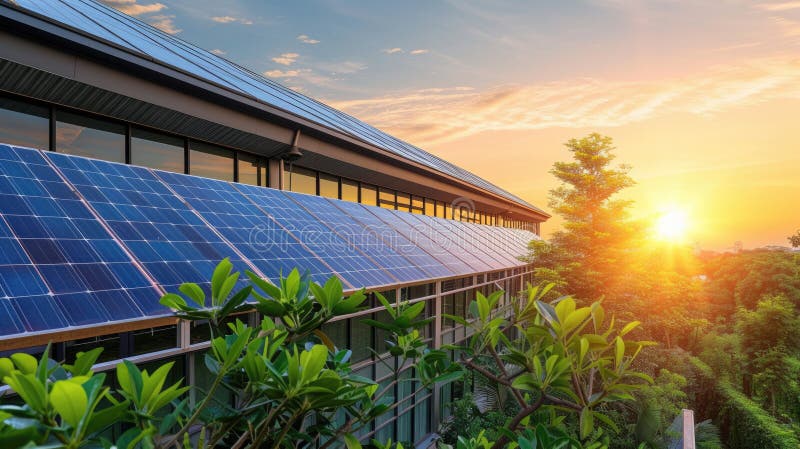 A building with solar panels, placed on a slope, against a sunset sky, creates an eco-friendly landscape. AIG41 AI generated. A building with solar panels, placed on a slope, against a sunset sky, creates an eco-friendly landscape. AIG41 AI generated