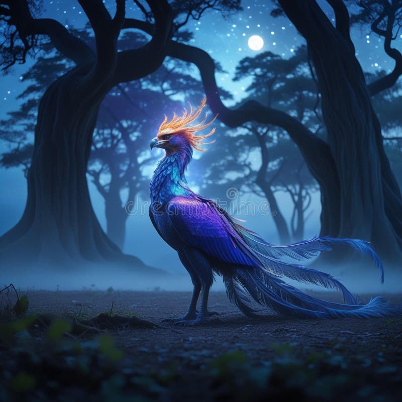 AIGenerated Enchanted Phoenix in a Moonlit Forest Dreamscape stock illustrationer
