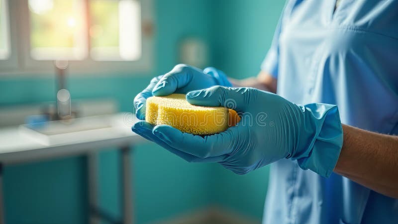 AIGenerated Image of a Gloved Hand Cleaning a Sponge in a Hospital Setting A Realistic Depiction of Clinic royalty free illustration