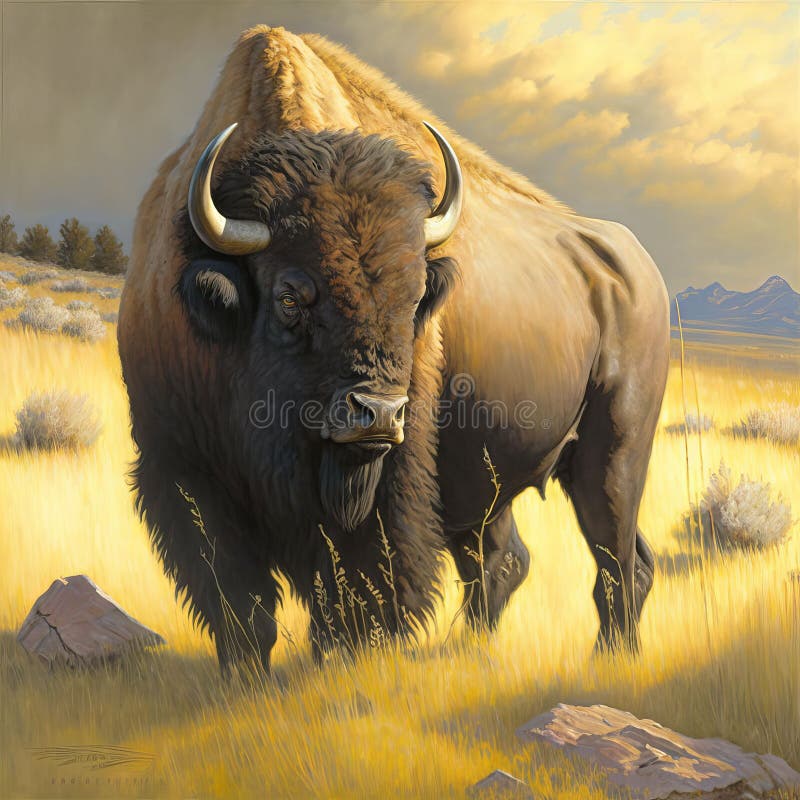 Aigenererad illustration av en bison i ett fält vektor illustrationer