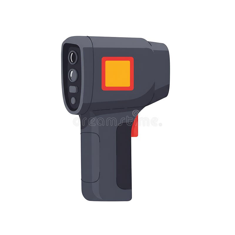AIGenererad infraröd termometer. Denna illustration visar en handhållen infraröd termometer som genererats av AI. Den är en mörkgrå enhet med en röd knapp och en orange bildskärm som är perfekt för mätning av kontaktlös temperatur. Utformningen är ren och modern.