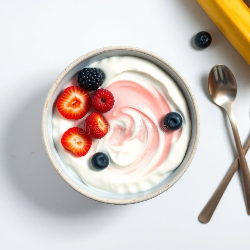 AIgenerierte Abbildung einer Schüssel Jogurt mit frischen Beeren und einem Wirl rosa Sauce lizenzfreie abbildung