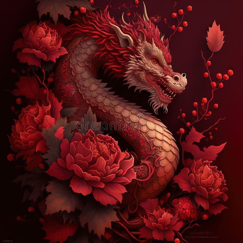 Aigenerierte Illustration eines Drachen isoliert auf einem roten Blumenhintergrund vektor abbildung