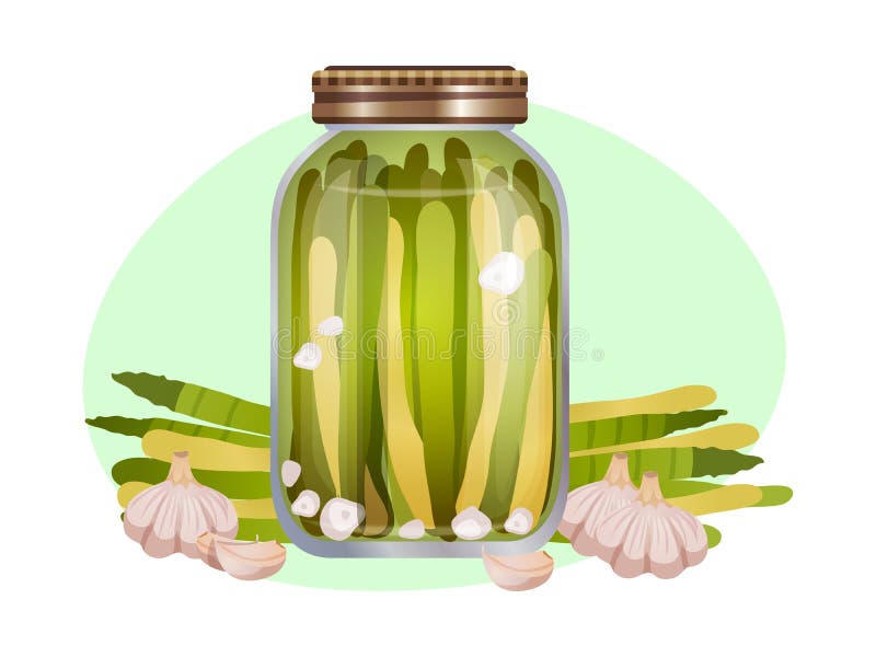 Pickles composition with isolated image of marinated vegetables in glass jars with ripe fruits vector illustration. Pickles composition with isolated image of marinated vegetables in glass jars with ripe fruits vector illustration