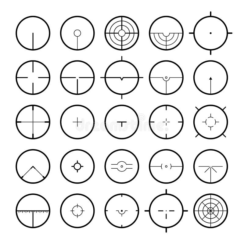 Aim icon set, various abstract target aiming scope reticles vector illustrations isolated on white