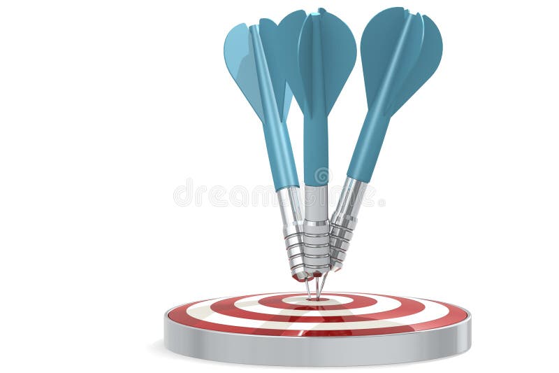 Aim for target with blue dart hitting the center of board stock illustration