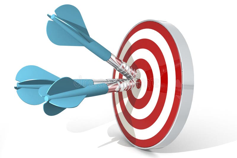 Aim for target with blue dart hitting the center of board stock illustration